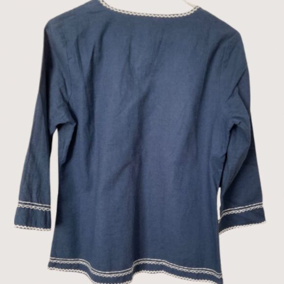 Talbots Embroidered Beaded Blouse 3/4 Sleeve Linen/Cotton Indigo Blue Si… - Picture 2 of 8